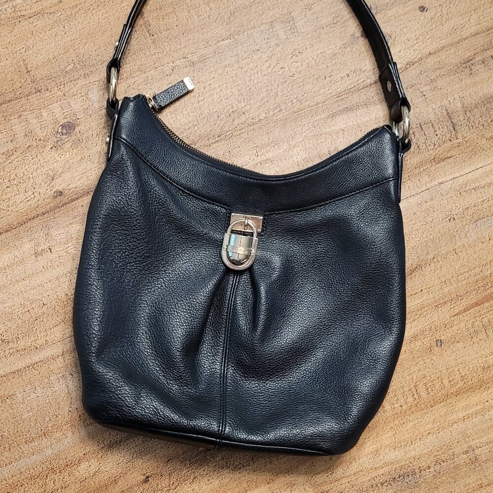 Black Calvin Klein Leather Purse- Like New Gold "Lock" Logo Fob Shoulder Bag